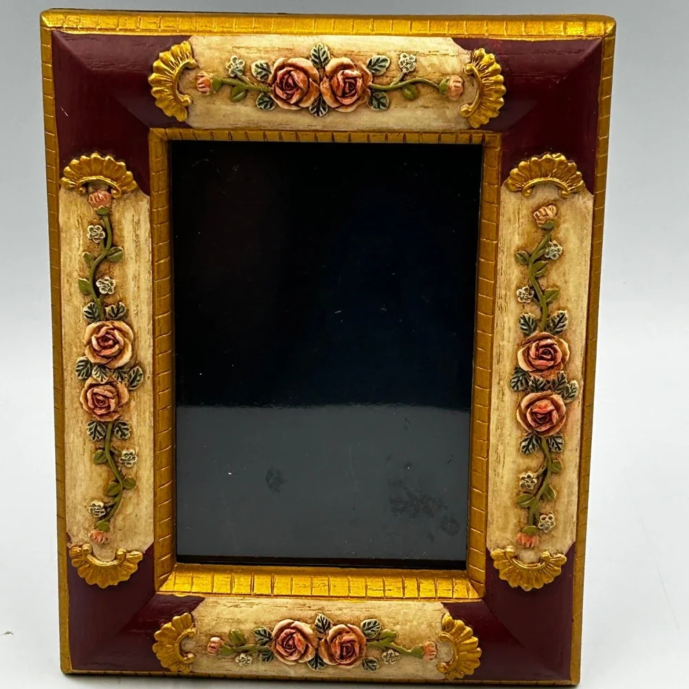 Picture Frame Burgundy Cream Gold Victorian 4.5 x 3 Inch Rose Floral Vintage EUC